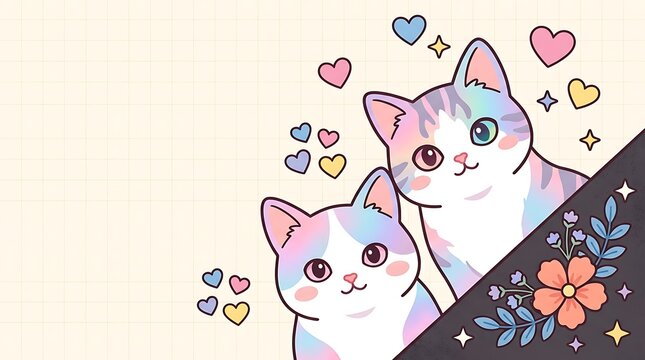 Two adorable white kittens with pink noses cuddling together. Playful baby cats surrounded by floating love hearts and floral elements.