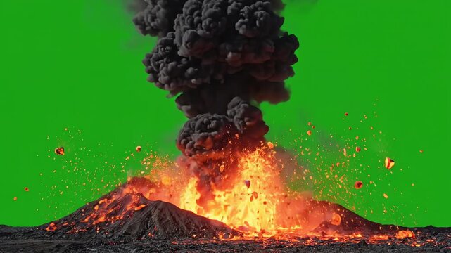 Massive volcanic eruption with thick black smoke and glowing lava bursts against a solid chroma key green screen background