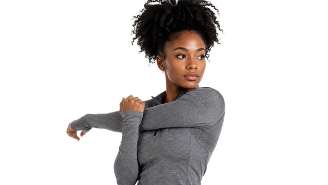 Young Athletic African American Woman Stretching Arm Muscles Isolated on Transparent Background