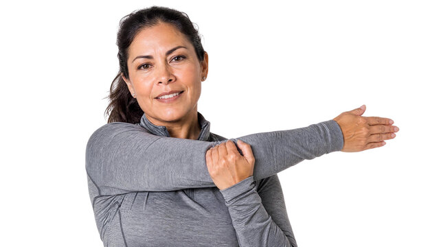 Healthy Mature Woman Doing Shoulder Stretch Exercise for Fitness and Wellness Isolated on Transparent Background