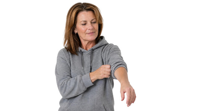 Confident Middle Aged Woman Rolling Up Grey Hoodie Sleeves Isolated on Transparent Background