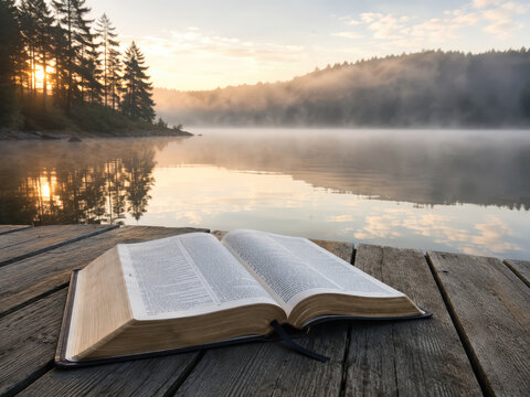 Open Bible on Wooden Dock by Peaceful Misty Lake at Sunrise