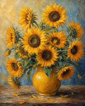 Textured Oil Painting of Bright Sunflowers in Yellow Ceramic Vase