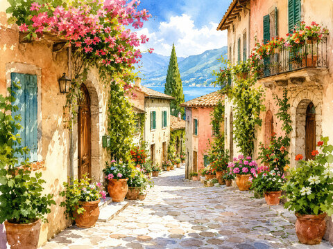 Watercolor Mediterranean Village Street With Flowers and Lake View