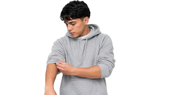 Handsome Young Man in Casual Gray Hoodie Rolling Up Sleeves Isolated on Transparent Background