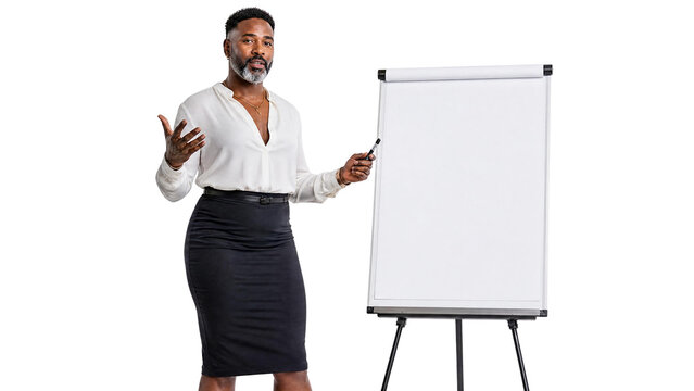 Non-Binary Black Business Professional Giving Presentation with Blank Flip Chart Isolated