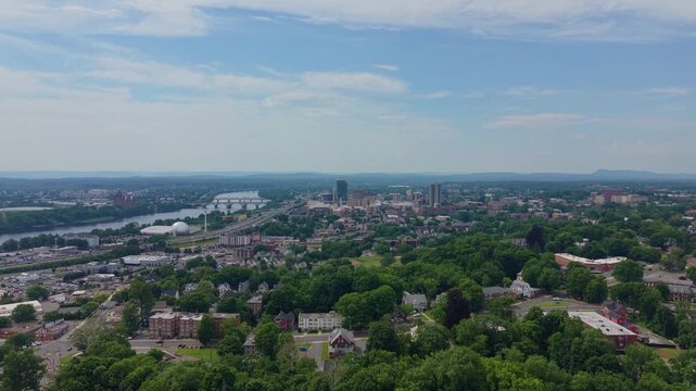 Panoramic View Of Urban Skyline Of Springfield Along Connecticut River In Massachusetts, USA. wide aerial shot