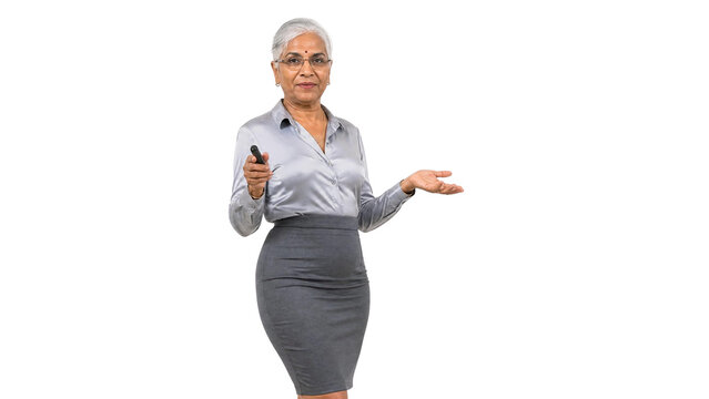 Confident Senior Indian Businesswoman Presenting with Remote Clicker Isolated on Transparent Background