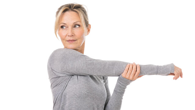Healthy Mature Woman Stretching Arm Muscle Before Workout Isolated on Transparent Background