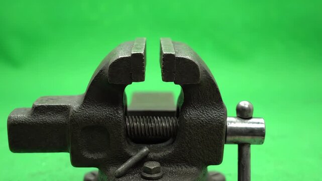 Metal adjustable bench clamp vise tool opening and closing slowly against a bright green screen background for compositing