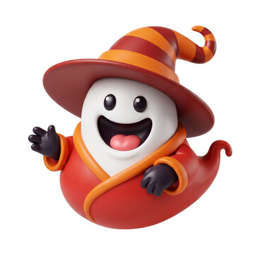 Funny Halloween Ghost Mascot Illustration Waving Wearing Witch Costume