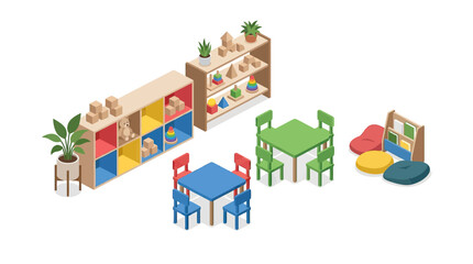 Naklejka premium Isometric Kindergarten Classroom with Colorful Furniture and Educational Toys