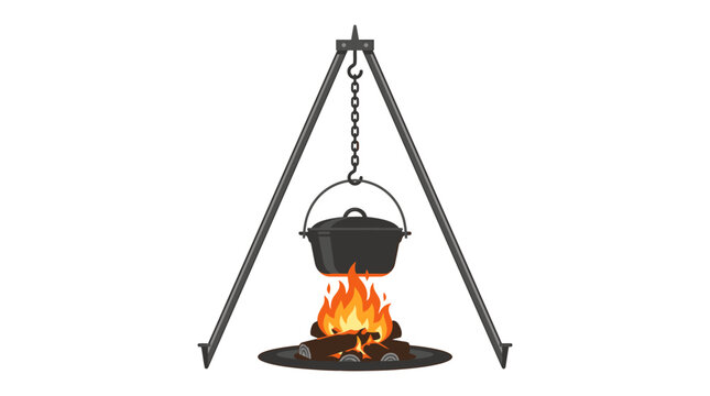 Campfire Cooking Tripod with Pot over Flames Illustration