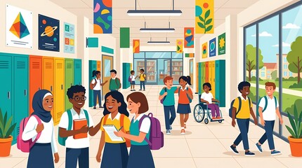 Obraz premium Diverse group of students in a modern school hallway.
