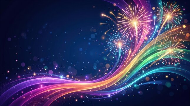 A vibrant, colorful fireworks display against a dark blue background with a gradient of rainbow colors.