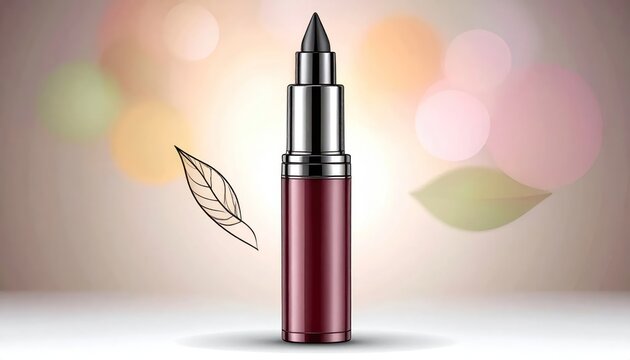 Sleek burgundy metallic eyeliner pencil standing upright against a soft bokeh background with subtle natural leaf and lip outlines