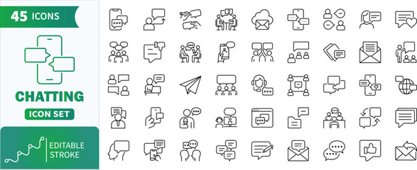 Chatting line icon set with editable stroke.Collection of 45 Chatting, contact, and discussion line icon set for mobile apps and web © Dopix