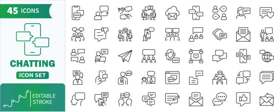 Chatting line icon set with editable stroke.Collection of 45 Chatting, contact, and discussion line icon set for mobile apps and web
