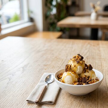 A traditional honeycomb crunch sundae with creamy vanilla ice cream scoops, drenched in golden honey, and heavily covered in crushed pieces of crunchy chocolate-coated honeycomb candy. Served in a cle