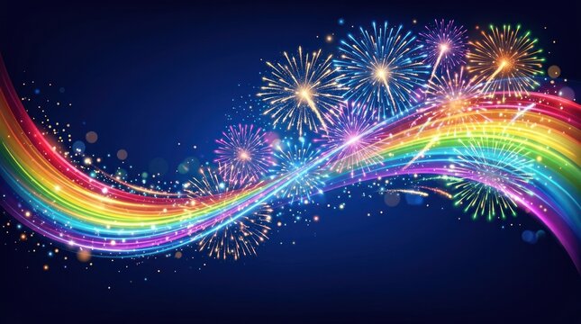 A vibrant rainbow wave with fireworks against a dark blue background.