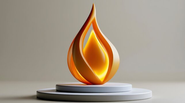 Amber flame sculpture glowing on white podium with minimalist studio lighting for modern corporate branding