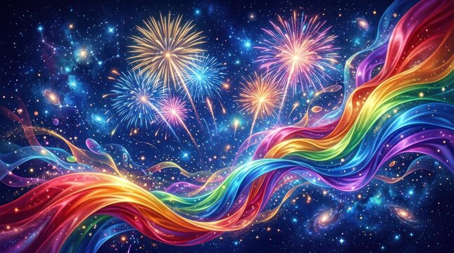 A vibrant, colorful rainbow streamer against a starry, cosmic background with fireworks in the sky.