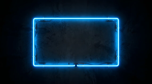 Glowing Blue Neon Rectangular Frame on Dark Concrete Wall