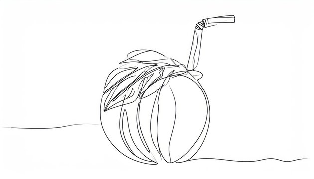 Refreshing coconut drink with a bendy straw rendered in a minimalist continuous one-line drawing style on a clean white background perfect for tropical designs.