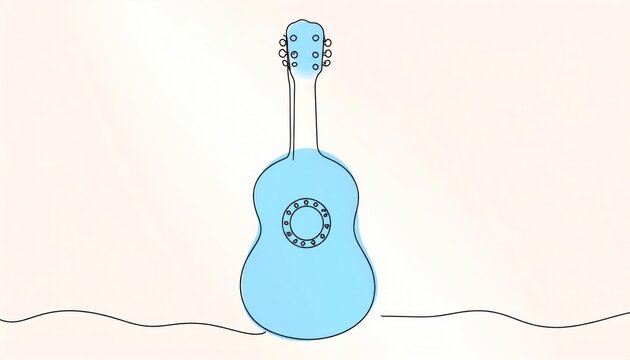 Simple blue acoustic guitar depicted in a minimalist continuous line art illustration standing on a subtle wavy black line against a clean plain light background.