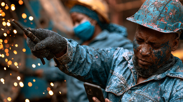 Construction worker in protective gear checking mobile phone at building site