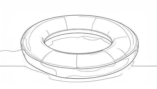 Simple black outline drawing of a lifebuoy floating on water a minimalist illustration symbolizing summer safety and tranquil aquatic leisure.