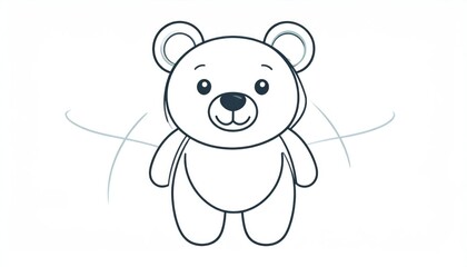 Fototapeta premium Simple vector line art illustration of a cute white teddy bear standing with a friendly smile perfect for children's designs and drawing tutorials on a clean background.