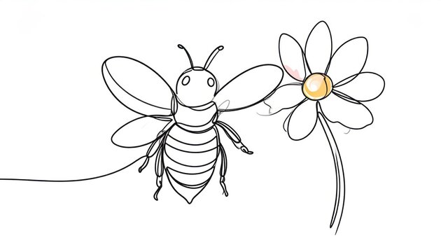 Simple one line art illustration of a minimalist bee flying towards a blooming daisy flower with yellow center on a clean white background