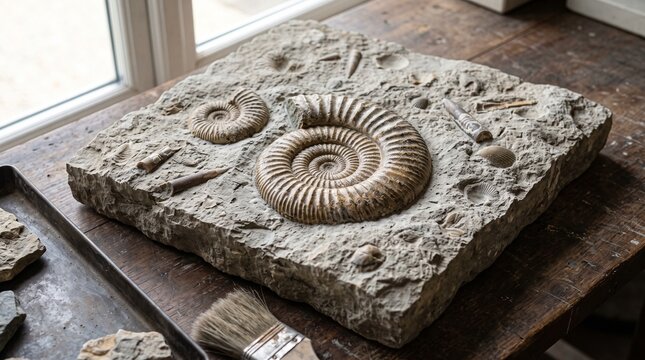 Detailed ammonite fossils and ancient marine life specimens lie embedded in limestone slab inside workshop in natural light for paleontology and history discovery concept