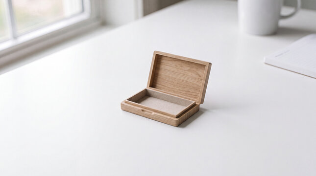 An open small wooden box on a white office desk representing storage solution, new opportunity and product mockup