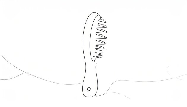 Single black line drawing of hair comb with scattered strands for beauty or grooming in minimal outline design