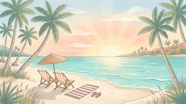 Two deck chairs and a beach umbrella on a sandy beach with palm trees and a calm ocean in the background.