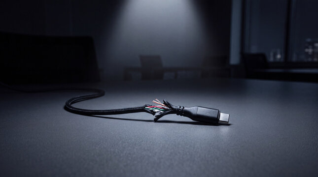 A damaged and frayed braided USB-C cable with exposed wires on a desk representing hardware failure and break