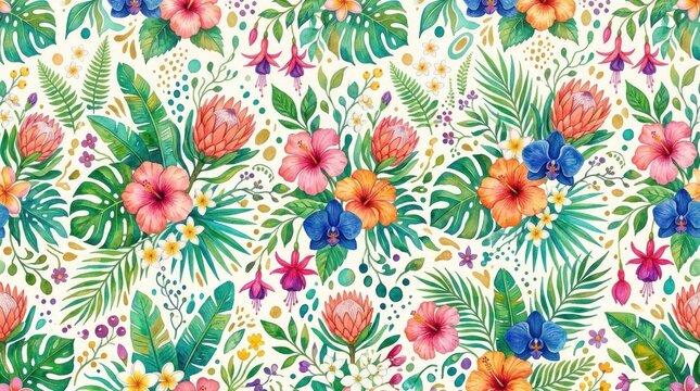 A vibrant tropical floral pattern with pink, orange, and blue flowers and green leaves on a white background.