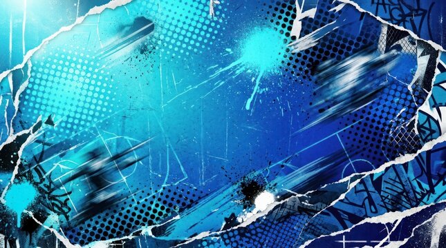 A blue and white abstract digital art piece with geometric shapes and splatters.