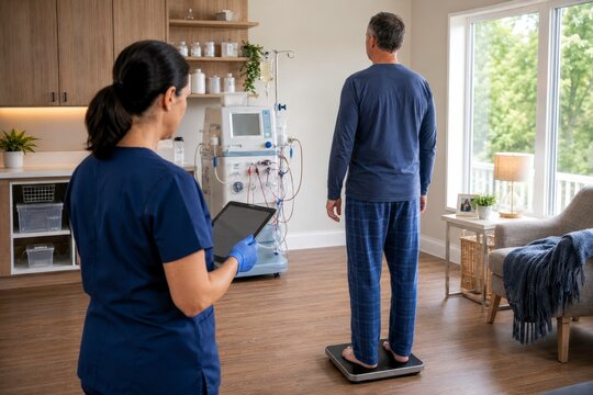 Home dialysis patient nurse monitor weight scale treatment room wellness care chronic kidney disease medical equipment living room recovery health supervision