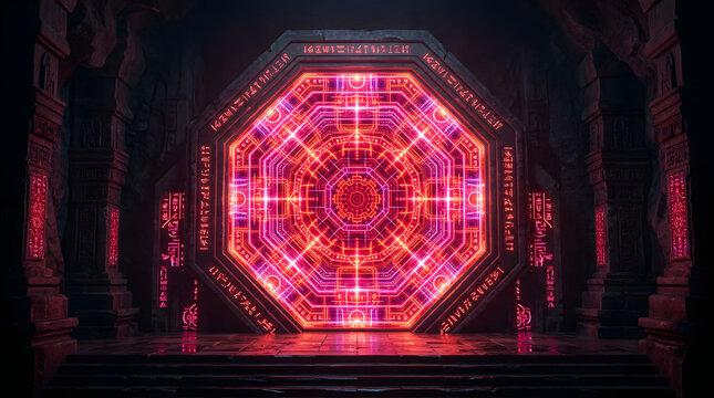 Glowing Geometric Sci-Fi Portal in Ancient Stone Chamber