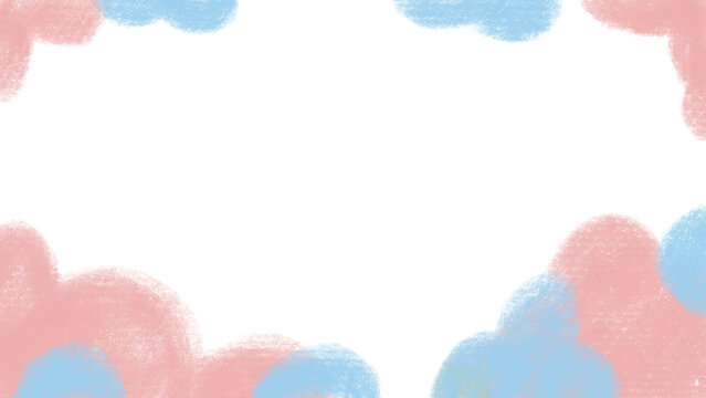 Cute pastel pink and blue clouds frame template with copy space, soft crayon texture cloud border background