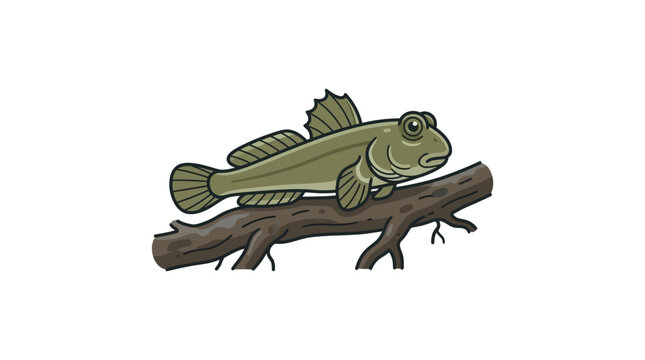 A detailed illustration of a mudskipper fish resting on a wooden branch.