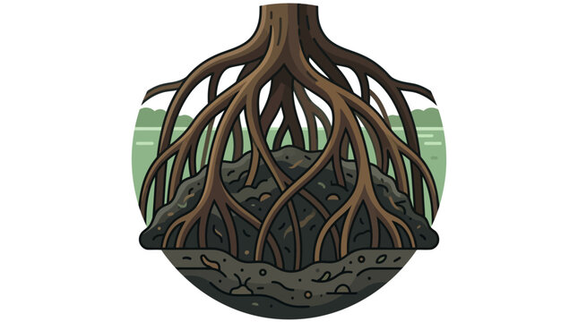 A detailed illustration of a tree root system embedded in dark soil.