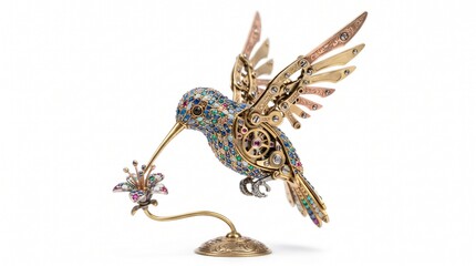Fototapeta premium Luxury mechanical hummingbird in mid-flight. Gold and silver robotic bird with intricate clockwork wings and ornate detailing.