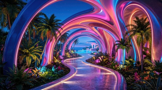 A futuristic, neon-lit tunnel with palm trees and a cityscape in the distance.
