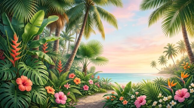 A tropical beach scene with palm trees, flowers, and a path leading to the ocean.