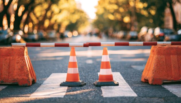 Two orange traffic cones with reflective stripes stand on a paved street, flanked by large orange road barriers blocking the lane with a red and white striped pole