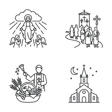 Set of Linear Icons Depicting Catholic Religious Events and Symbols